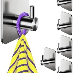 Edelstahl Handtuchhalter ohne Bohren - 6 Stück wasserfeste Klebehaken für Bad und Küche, silberne Wandhaken klassisch