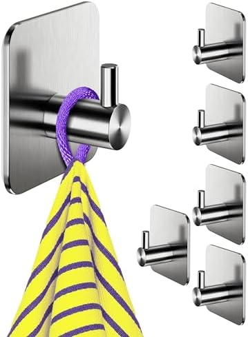 Edelstahl Handtuchhalter ohne Bohren - 6 Stück wasserfeste Klebehaken für Bad und Küche, silberne Wandhaken klassisch