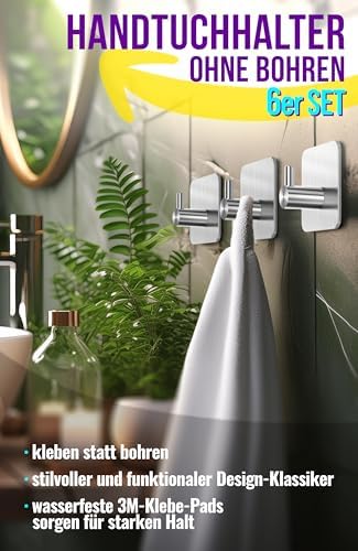 Edelstahl Handtuchhalter ohne Bohren - 6 Stück wasserfeste Klebehaken für Bad und Küche, silberne Wandhaken klassisch