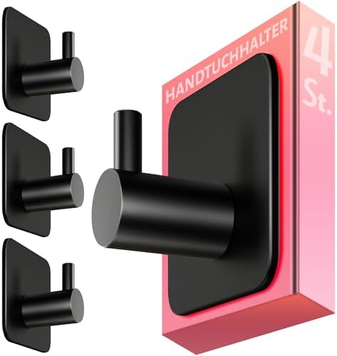 4smile Handtuchhalter ohne Bohren, schwarzes 4er-Set für Badezimmer und Küche – starke, wasserfeste Klebehaken!