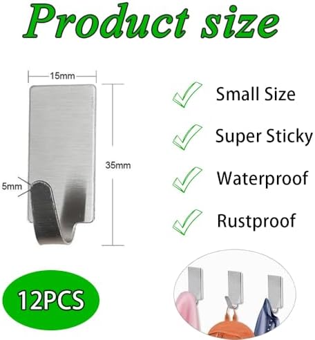 12 Stück Edelstahl Haken selbstklebend 201, starke Handtuchhaken ohne Bohren für Bad und Küche, ideale Wandlösungen