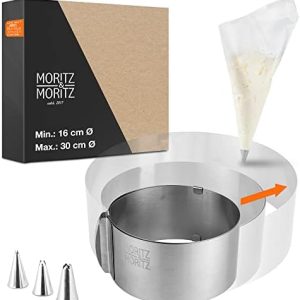 Moritz & Moritz Verstellbarer Tortenring aus Edelstahl 16-30cm - Praktisches Backzubehör mit 10 Spritzbeuteln für perfek