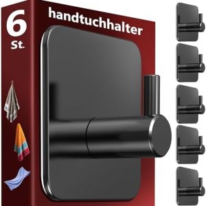Menz Handtuchhaken ohne Bohren – 6 schwarze Klebehaken für starken Halt im Badezimmer