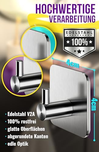 Edelstahl Handtuchhalter ohne Bohren - 6 Stück wasserfeste Klebehaken für Bad und Küche, silberne Wandhaken klassisch