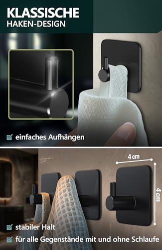 4smile Handtuchhalter ohne Bohren, schwarzes 4er-Set für Badezimmer und Küche – starke, wasserfeste Klebehaken!