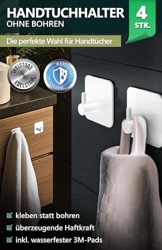 4smile Handtuchhalter ohne Bohren, schwarzes 4er-Set für Badezimmer und Küche – starke, wasserfeste Klebehaken!