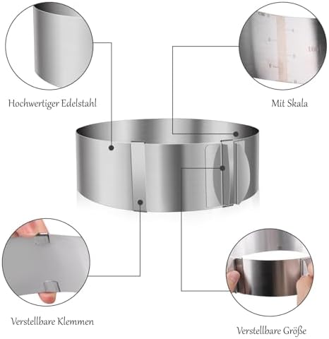 Verstellbarer Tortenring aus Edelstahl 10cm hoch – Ideal für Schichttorten Ø16-30cm, perfekte Backhilfe!