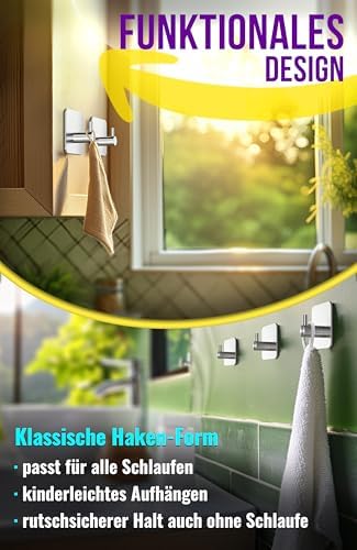 Edelstahl Handtuchhalter ohne Bohren - 6 Stück wasserfeste Klebehaken für Bad und Küche, silberne Wandhaken klassisch