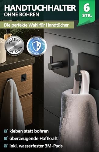 4smile Handtuchhalter ohne Bohren, schwarzes 4er-Set für Badezimmer und Küche – starke, wasserfeste Klebehaken!