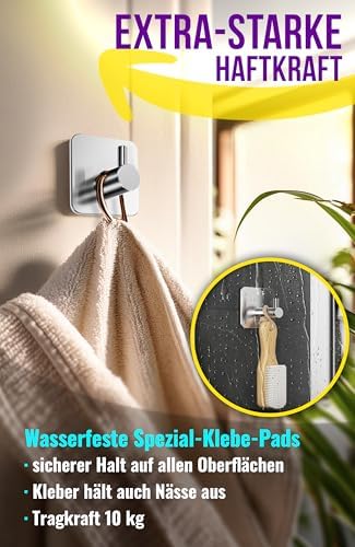 Edelstahl Handtuchhalter ohne Bohren - 6 Stück wasserfeste Klebehaken für Bad und Küche, silberne Wandhaken klassisch