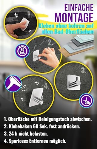 Edelstahl Handtuchhalter ohne Bohren - 6 Stück wasserfeste Klebehaken für Bad und Küche, silberne Wandhaken klassisch