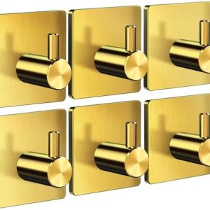 Menz Handtuchhalter Set, 6 Stück - Edelstahl Bad- und Küchenhaken, starke selbstklebende, wasserfeste Haken in Gold