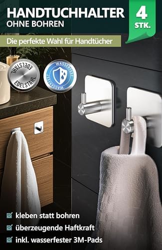 4smile Handtuchhalter ohne Bohren, schwarzes 4er-Set für Badezimmer und Küche – starke, wasserfeste Klebehaken!