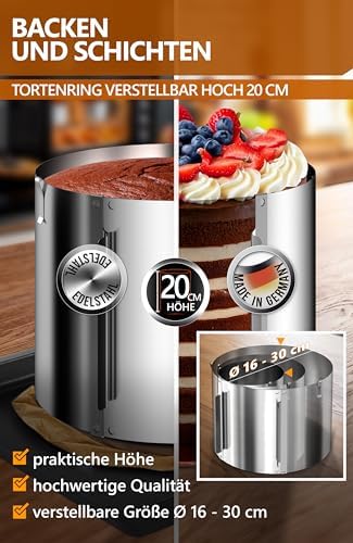 4smile Tortenring verstellbar 20 cm aus Edelstahl - ideal für kreative Kuchen in der heimischen Backstube