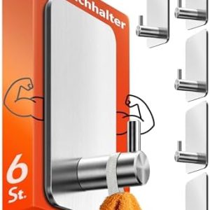 Menz Handtuchhalter ohne Bohren, 6 Stück – Edelstahl Klebehaken extra stark für Bad, Küche und Toilette, wasserfest und